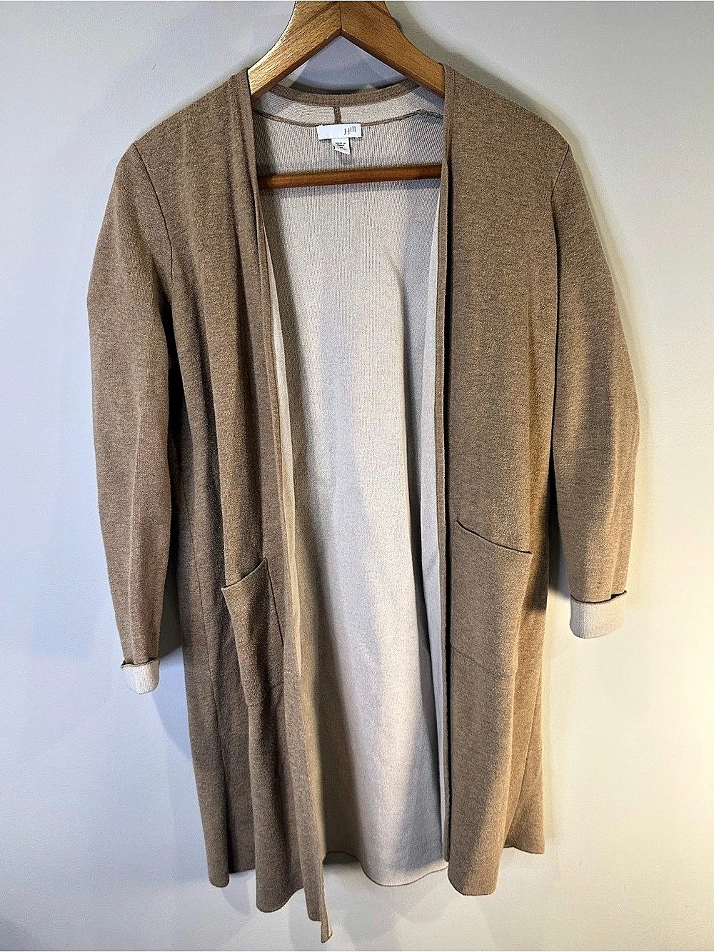 J.Jill XS Petite Long Open Front Cardigan Taupe contrast Cotton Blend duster